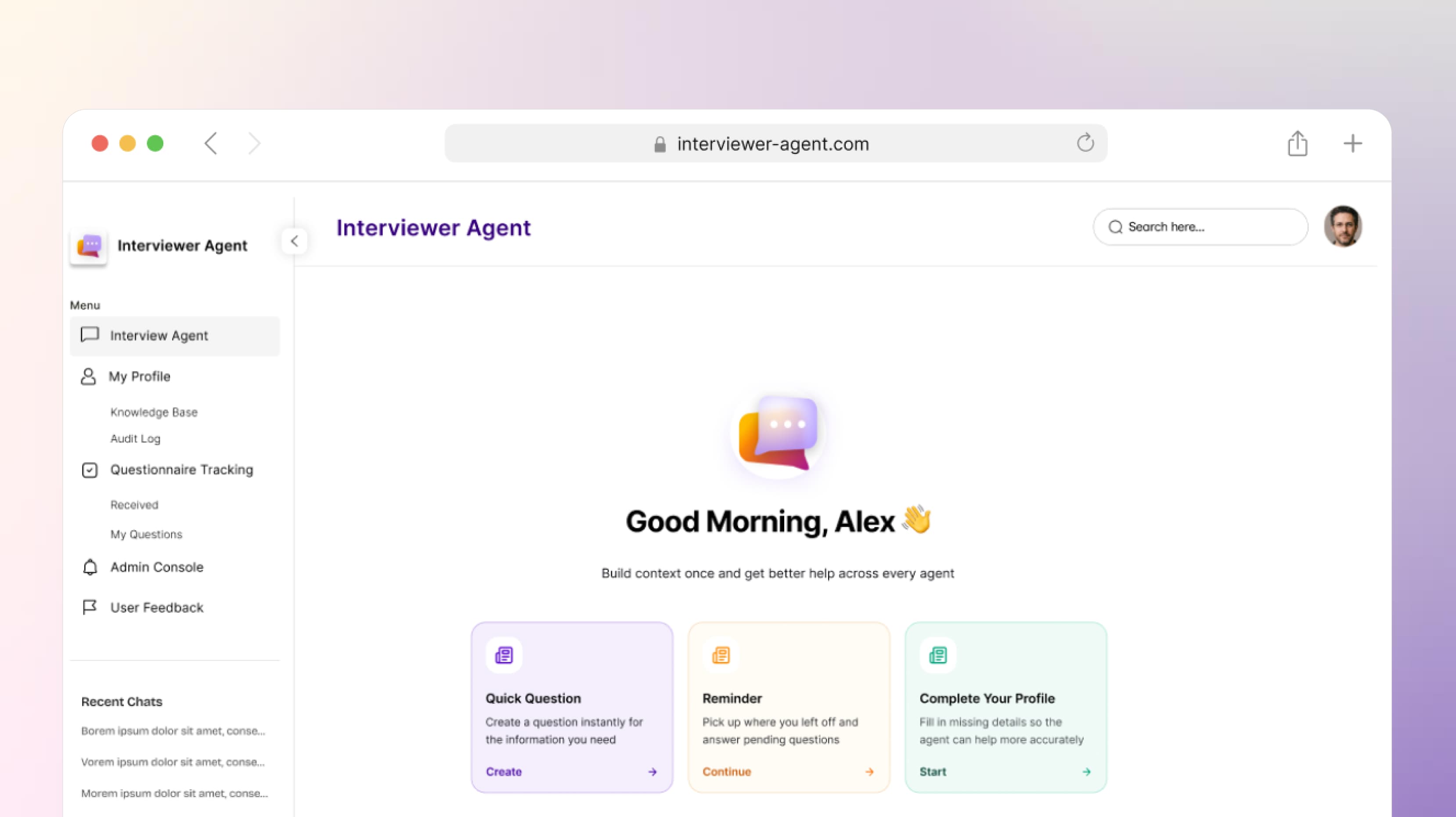 AI-powered interview agent interface showing conversation flow and knowledge collection workflows